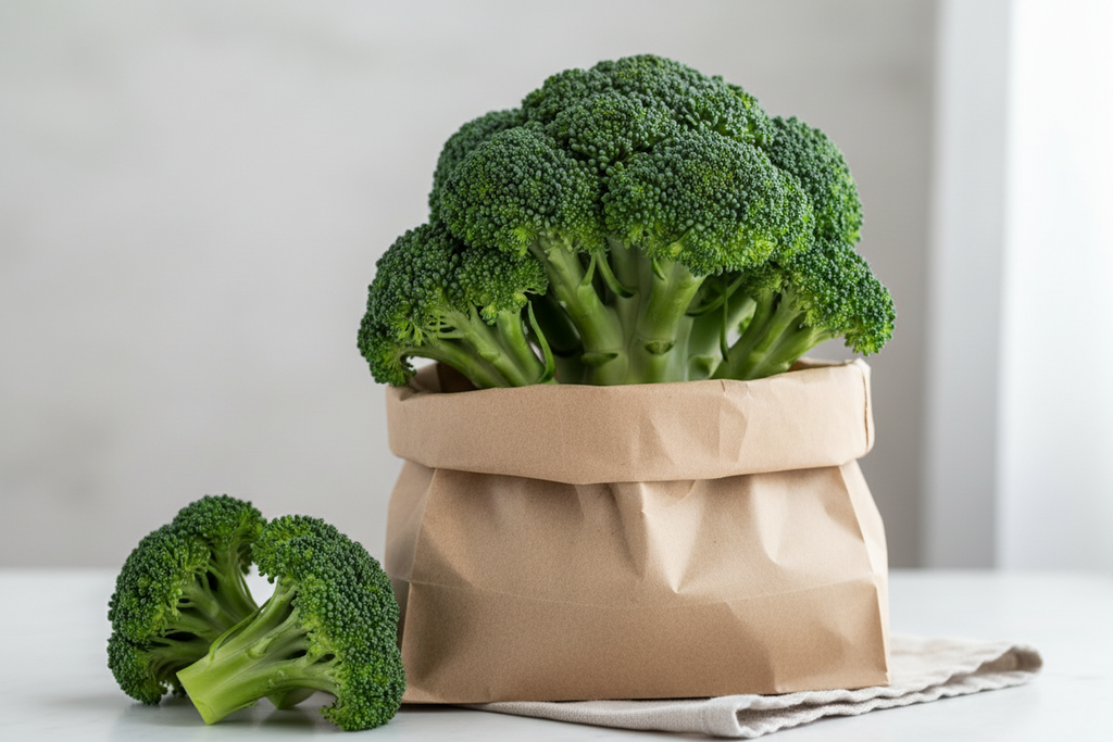 Organic Broccoli Crown in a paper bag