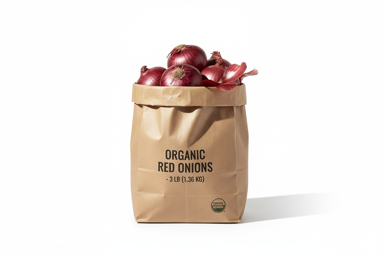Organic Red Onions (3 lb Bag) in a paper bag