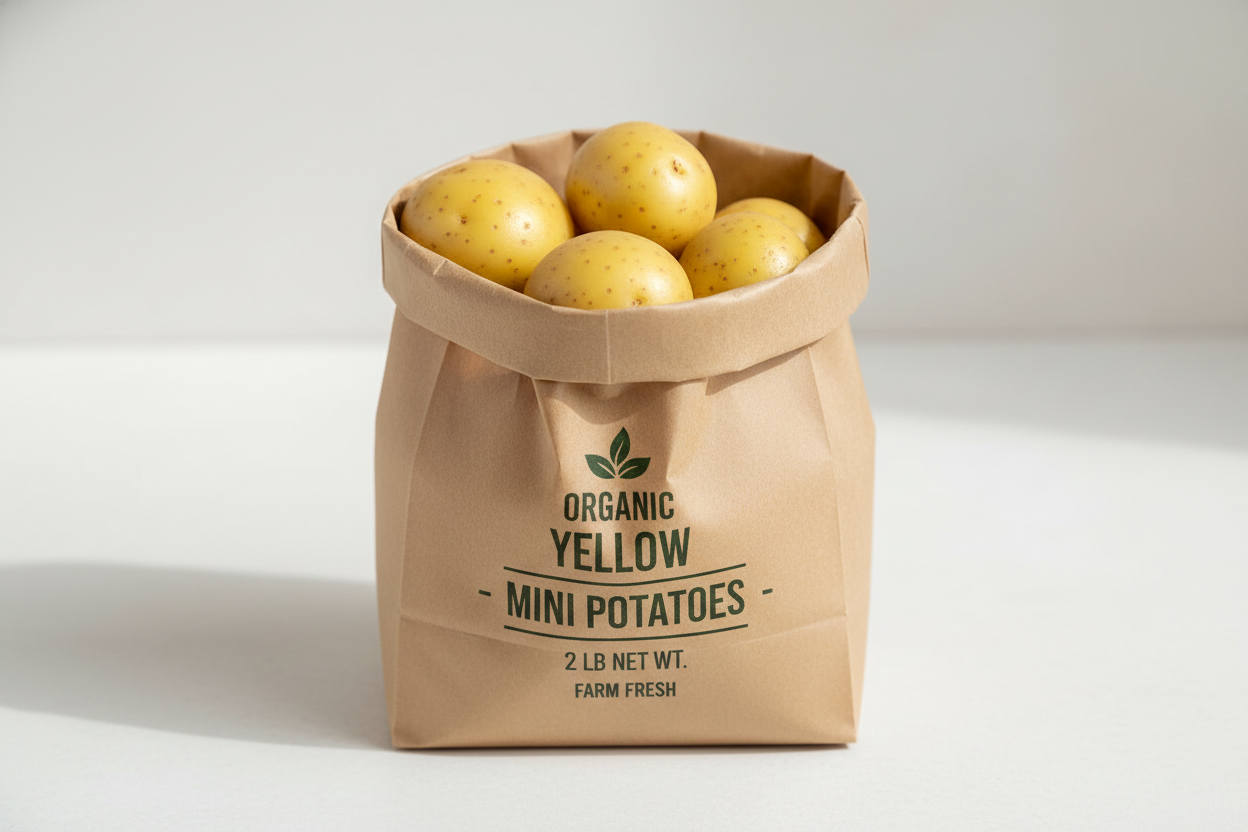 Organic Yellow Mini Potatoes (2 lb Bag) in a paper bag