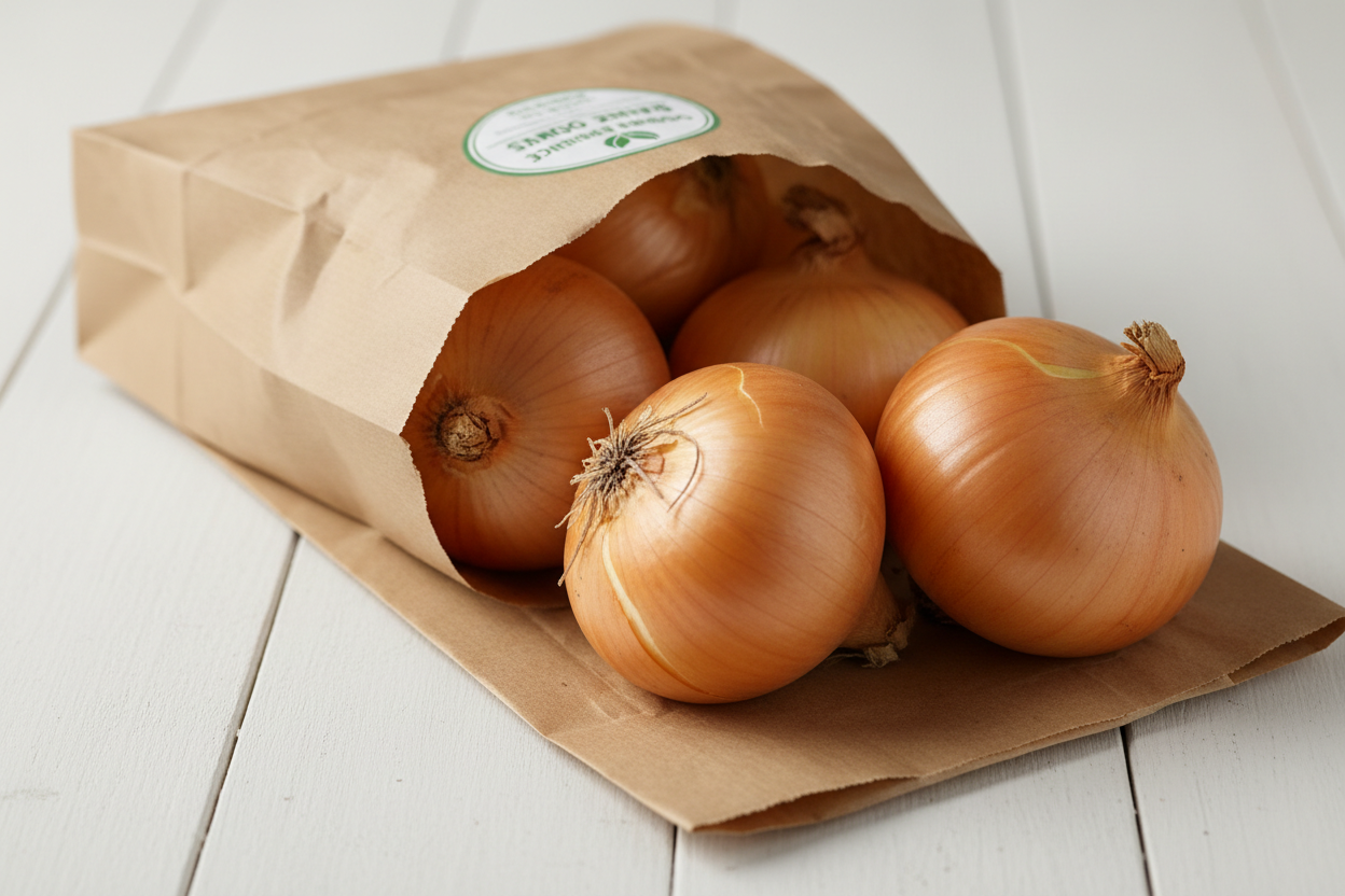 Organic Yellow Onions (3 lb Bag) on paper bag
