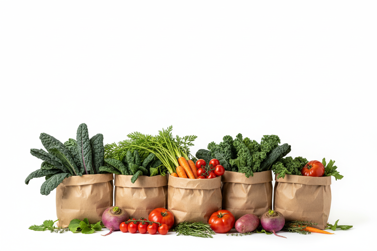 This Week's Certified Organic Harvest in paper bags this is the main product page.  I already have the title in green so i just want to image to be in the bottom.  